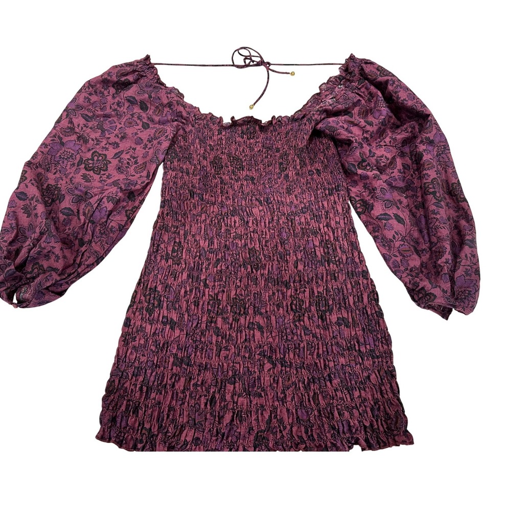 Free People Floral Smocked Mini Dress Purple Balloon Sleeve Boho Womens‎ Large